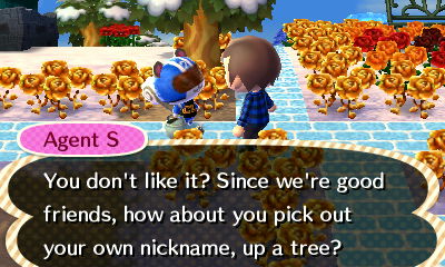 Agent S: You don't like it? Since we're good friends, how about you pick out your own nickname, up a tree?