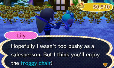 Lily: Hopefully I wasn't too pushy as a salesperson. But I think you'll enjoy the froggy chair!
