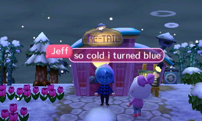 Jeff, wearing a blue Fi mask: So cold I turned blue.