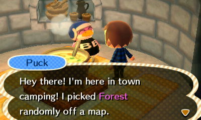 Puck, camping in an igloo: Hey there! I'm here in town camping! I picked Forest randomly off a map.