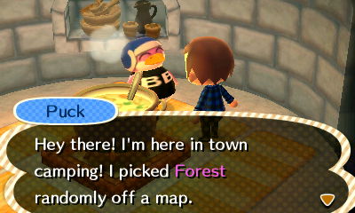 Puck, camping in an igloo: Hey there! I'm here in town camping! I picked Forest randomly off a map.
