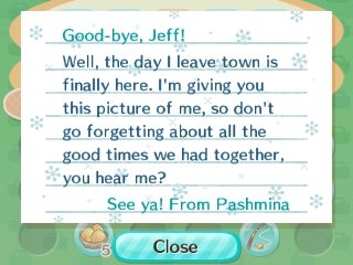 Pashmina's goodbye letter in Animal Crossing: New Leaf.