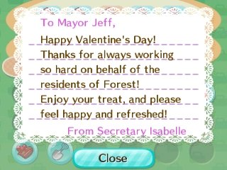 To Mayor Jeff, Happy Valentine's Day! Thanks for always working so hard on behalf of the residents of Forest! Enjoy your treat, and please fell happy and refreshed!