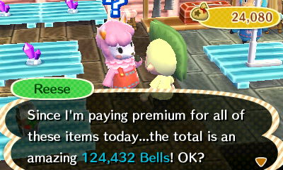 Reese: Since I'm paying premium for all of these items today...the total is an amazing 124,432 bells! OK?