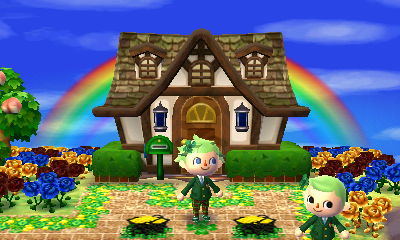 Jeff stands in front of a house, near some pots of gold in the dream town of Shamrock.