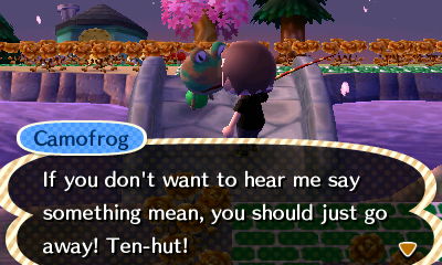 Camofrog: If you don't want to hear me say something mean, you should just go away! Ten-hut!
