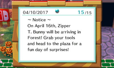 ~Notice~ On April 16th, Zipper T. Bunny will be arriving in Forest! Grab your tools and head to the plaza for a fun day of surprises!