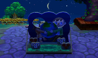 The face-cutout standee board for Nature Day (Earth Day) in Animal Crossing: New Leaf.
