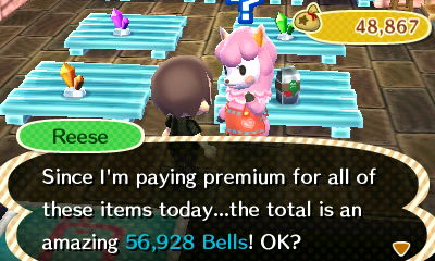 Reese: Since I'm paying premium for all of these items today...the total is an amazing 56,928 bells! OK?