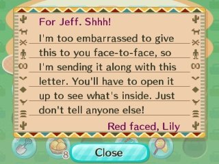 For Jeff. Shhh! I'm too embarrassed to give this to you face-to-face, so I'm sending it along with this letter. You'll have to open it up to see what's inside. Just don't tell anyone else! -Red faced, Lily
