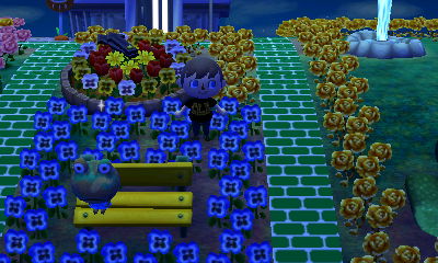 Camofrog sits on a yellow bench in Animal Crossing: New Leaf.