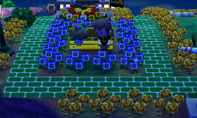 Camofrog and Jeff sitting on a yellow bench in ACNL.