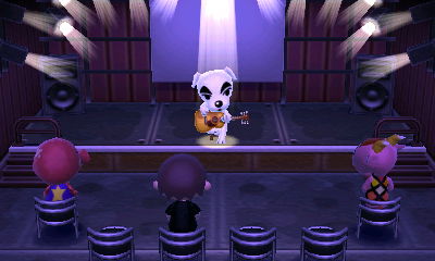 K.K. Slider performs for Octavian, Jeff, and Velma in Animal Crossing: New Leaf.