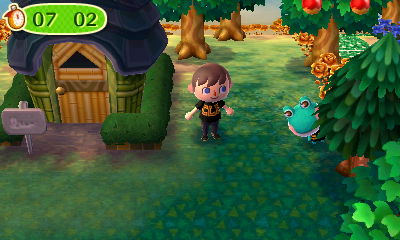 Lily peeks out from behind a tree during a game of hide-and-seek in ACNL.