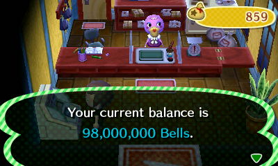 Your current balance is 98,000,000 bells.