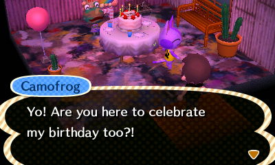 Camofrog: Yo! Are you here to celebrate my birthday too?!