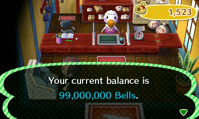 Your current balance is 99,000,000 bells.