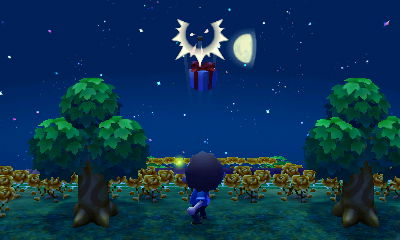 A balloon present pops as I shoot it with my slingshot in ACNL.