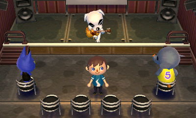 Jeff joins Tom and Dizzy (sitting on opposite sides) for a musical performance from K.K. Slider in Animal Crossing: New Leaf.