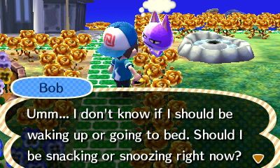Bob: Umm... I don't know if I should be waking up or going to bed. Should I be snacking or snoozing right now?