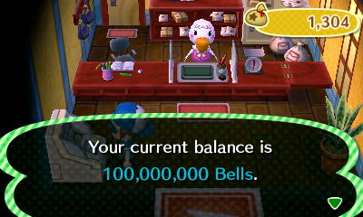 Your current balance is 100,000,000 bells.