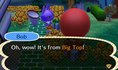 Jeff is hidden behind a red balloon present flying by, as he delivers Bob a present from Big Top in ACNL.