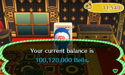 Your current balance is 100,120,000 bells.