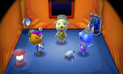 Stitches, Daisy, and Rosie prepare to sleep during a game of Desert Island Escape in Animal Crossing: New Leaf.