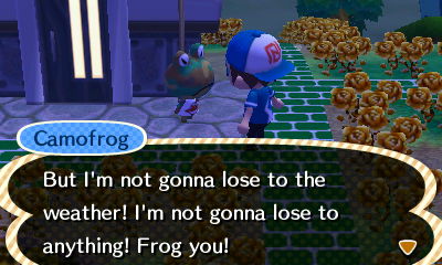 Camofrog: But I'm not gonna lose to the weather! I'm not gonna lose to anything! Frog you!