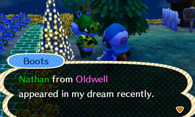 Boots, standing next to an illuminated tree PWP: Nathan from Oldwell appeared in my dream recently.