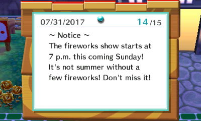 ~Notice~ The fireworks show starts at 7 p.m. this coming Sunday! It's not summer without a few fireworks! Don't miss it!