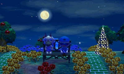 Sitting with Vivian on the bench, with a nearly full moon behind us.