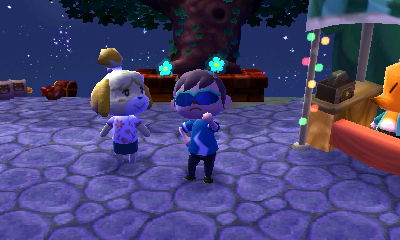Jeff wears a flower bopper and stands next to Isabelle in Animal Crossing: New Leaf.