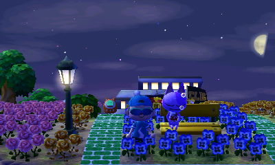 Bob sleeps on a yellow bench in Animal Crossing: New Leaf for Nintendo 3DS.