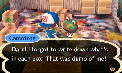 Camofrog: Darn! I forgot to write down what's in each box! That was dumb of me!