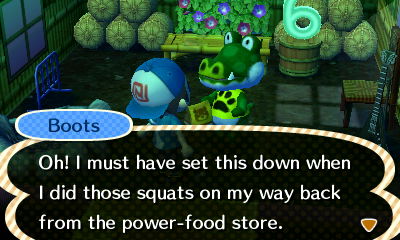 Boots: Oh! I must have set this down when I did those squats on my way back from the power-food store.