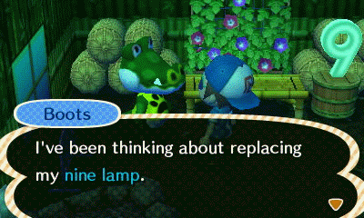Animated GIF of Boots' lamp countdown from 9 to 0 in Animal Crossing: New Leaf.