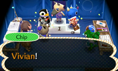 Chip declares Vivian the winner of the fishing tournament in Animal Crossing: New Leaf.
