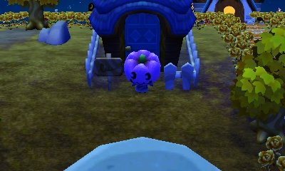A purple pumpkin-head on a villager on the Animal Crossing: New Leaf title screen.