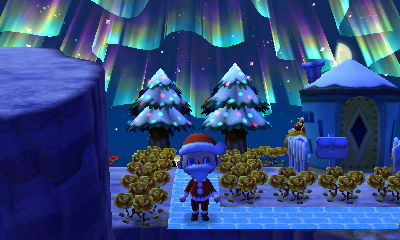 Northern lights and festive lights on trees in Forest in ACNL.
