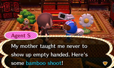 Agent S: My mother taught me never to show up empty handed. Here's some bamboo shoot!