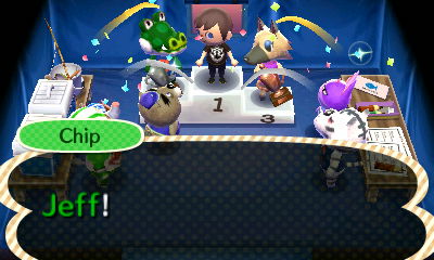 Chip announces Jeff as the winner of the fishing tournament in Animal Crossing: New Leaf.