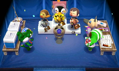 Aurora, Molly, and Jeff celebrating success at the fishing tournament in ACNL.