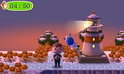 Hornsby tries to hide behind the lighthouse during a game of hide-and-seek in Animal Crossing: New Leaf.