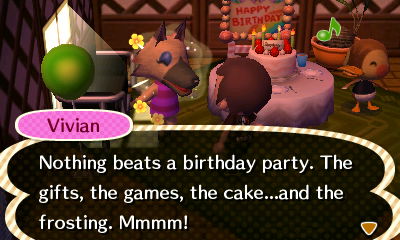 Vivian: Nothing beats a birthday party. The gifts, the games, the cake...and the frosting. Mmmm!