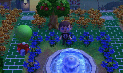 Animated GIF showing a balloon present re-routing aorund my fountain in Animal Crossing: New Leaf.