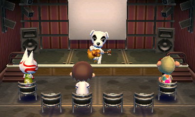 K.K. Slider performs for Kabuki, Jeff, and Elise in Animal Crossing: New Leaf.