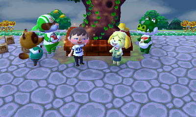 Jeff stands at the event plaza with Isabelle, Big Top, Boots, and Tom Nook.