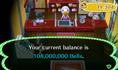 Your current balance is 108,000,000 bells.