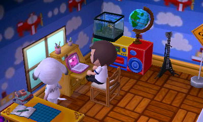 Jeff plays on the computer at Bones' house.